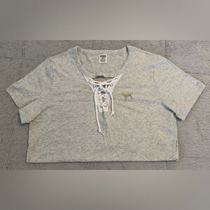 PINK Victoria's Secret NWOT Heather Gray Lace-Up Tee w/ Gold Glitter Logos